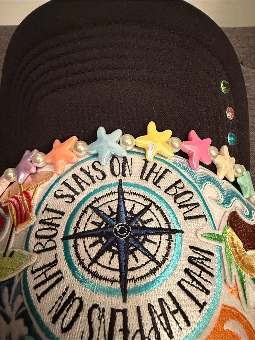 Embroidered Beach Compass Trucker Hat with Pastel Star Accents